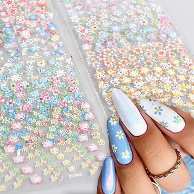 30 Sheets Flower Nail Art Stickers Decals Colorful Flower Nail Stickers 3D Self Adhesive Cute Daisy Floral Nail Decals Heart Nail Supplies Nail Art Design Decoration Accessories for Women DIY Manicure