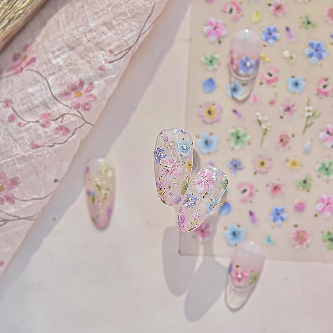 Dried Flower Nail Art Stickers Colorful Flowers Nail Decals for Acrylic Nails 3D Self Adhesive Glitter Designs Nail Sticker Cute Floral Nail Decal Spring Summer Manicure Supplies for Women DIY Decor