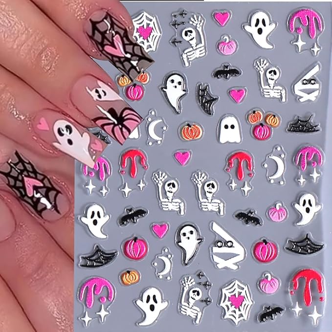 6 Sheets Halloween Nail Art Stickers 3D Self Adhesive Cute Ghost Spider Wed Nail Decals Gothic Bat Blood Nail Stickers Glitter Silver French Nail Design Decals Holiday Nail Art Supplies for Women