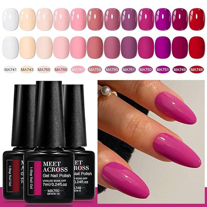 MEET ACROSS 1 Step Gel Nail Polish Set 12 Colors Gel Polish Kit Beige Pink Purple Red Soak Off UV/LED Nail Polish for Home DIY & Birthday Gifts