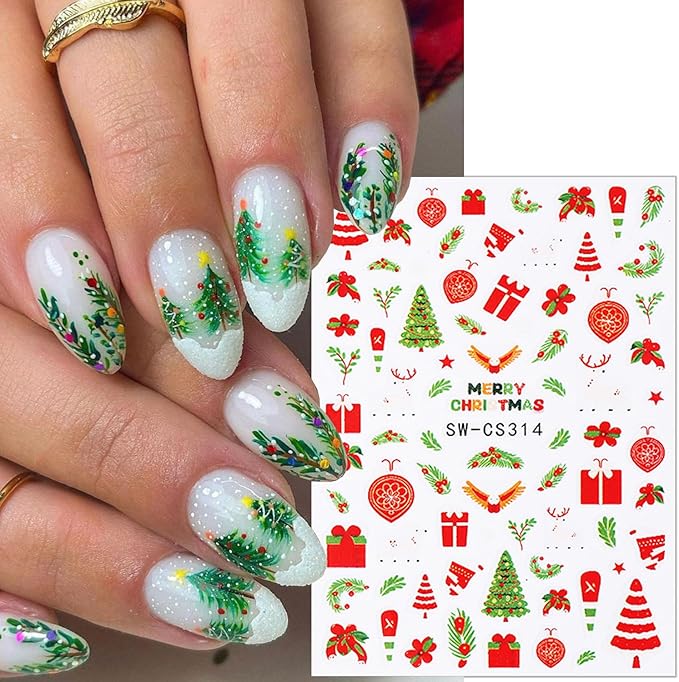 6 Sheets Christmas Nail Stickers for Nail Art Cute Xmas Candy Gingerbread Men Santa Claus Nail Decals 3D Self-Adhesive Bell Christmas Tree Nail Design Winter Snowflake Nail Art Stickers for Women