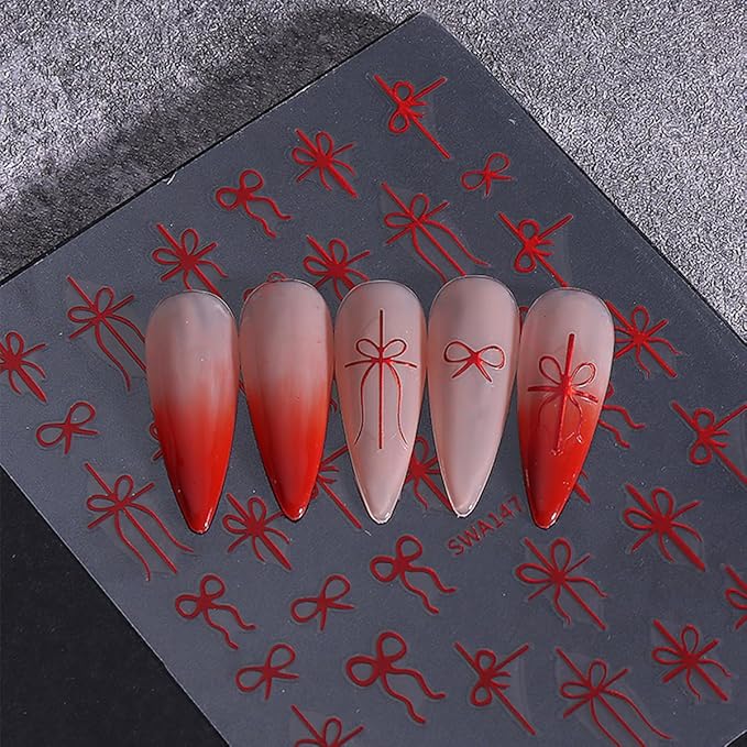 Christmas Nail Art Stickers Decals Christmas Gift Bow Nail Decals 6PCS Golden Green Red Ribbon 3D Self-Adhesive Nail Designs Holiday Nail Stickers Manicure Supply for Women DIY Nail Art Decorations