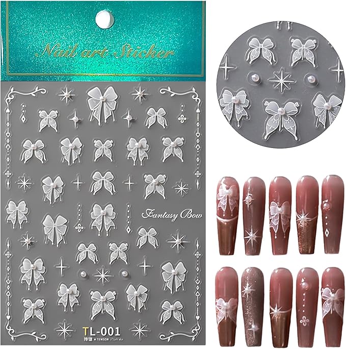 1 Sheet Lace Pearl Bow Nail Art Sticker 5D Embossed White Lace Pearl Bow Nail Sticker Cute Bow Nail Decal Pearl Rhinestone Nail Design Women DIY Nail Art Decoration