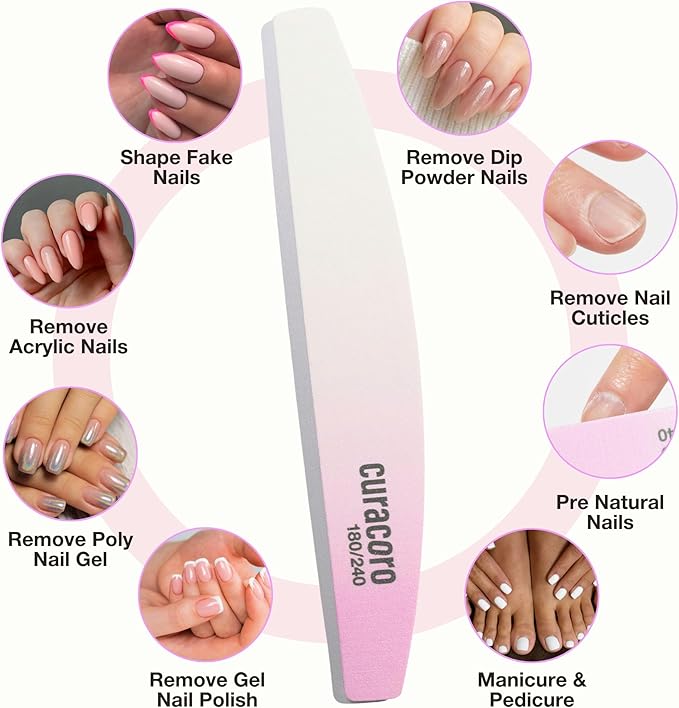 Curacoro 10 PCS Nail File - Professional Half-Moon Nail Files Double Sided Emery Board (100/180 Grit), Washable Nail Files and Buffers, Smooths & Shapes Nails, Manicure & Pedicure Buffing Tools
