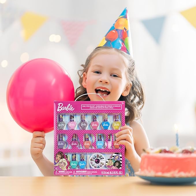 Townley Girl Barbie Movie 18 Piece Set Kids Water-Based Nail Polish Set, Includes Nail Polish, Nail Gems, Nail File for Age 3+, Parties Birthday