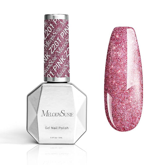 MelodySusie Strawberry Pink Glitter Gel Nail Polish, 0.5fl oz Soak Off UV LED Light Pink Sparkle Gel Polish Gift for Women Nail Art Manicure Salon DIY Nail Design Decoration at Home-Z201