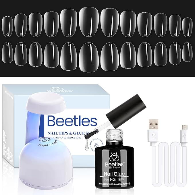 Beetles Gel Nail Kit Gel Nail Tips 504Pcs XS short oval Pre Shaped Clear Full Cover False Nail Tips with 5 in 1 Nail Glue and Reformatory Led Nail Lamp for Nail Art Diy Home Manicure