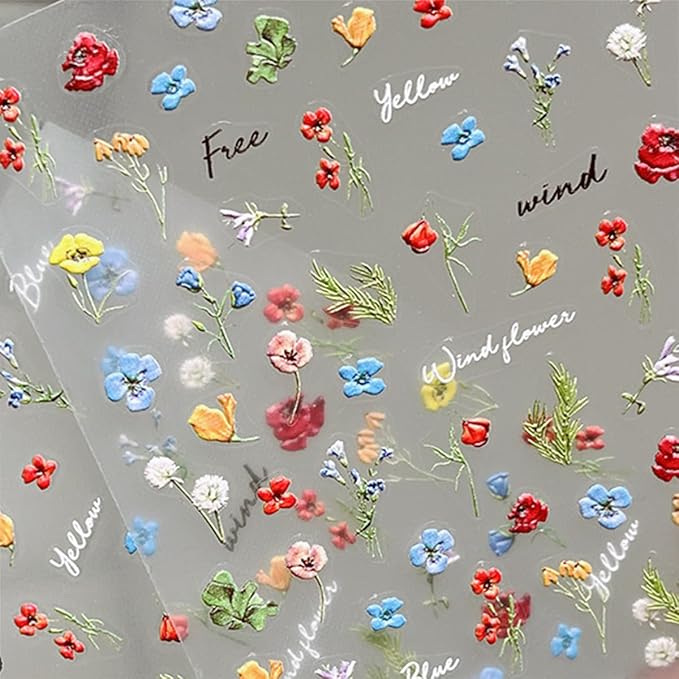 Flower Nail Art Stickers Decals Flowers Nail Stickers Summer Floral Plant Nails Design 5D Embossed Flower Nail Decals Spring Manicure Supply for Women Nails Decoration