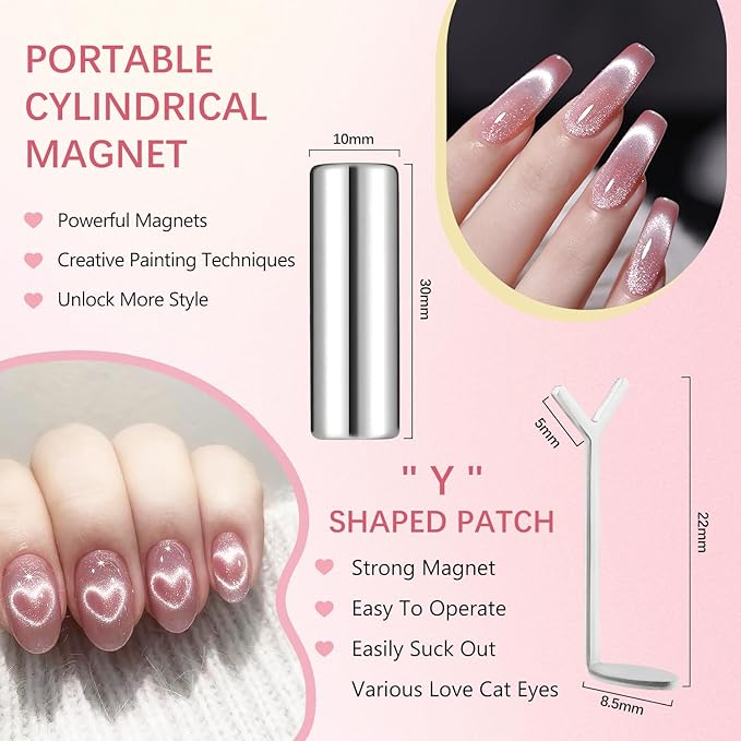 Heart Cat Eye Magnet for Nails,Magnet for Cat Eye Gel Polish,DIY Manicure Kit with Y-Shaped Guide Sticks, for Cat Eye Gel Polish Nail Art Salon (3PCS)