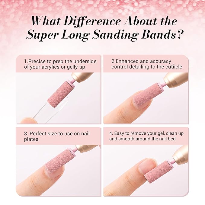 MelodySusie 50 Pcs Nail Drill Bits Super Long Sanding Bands with 6.65mm Crystal Mandrel Bit, 240 Extreme Fine Grit Nail File for Acrylic Nails Gel Manicures and Pedicure, Pink