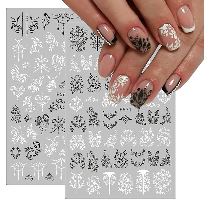 8 Sheets Flower Vintage Vine Nail Stickers, 3D Self-Adhesive Vintage Flower Pattern Nail Decals Black and White Leaf Flowers Nail Design Butterfly Pegatinas Uñas for Women Girls Nail Art Decoration