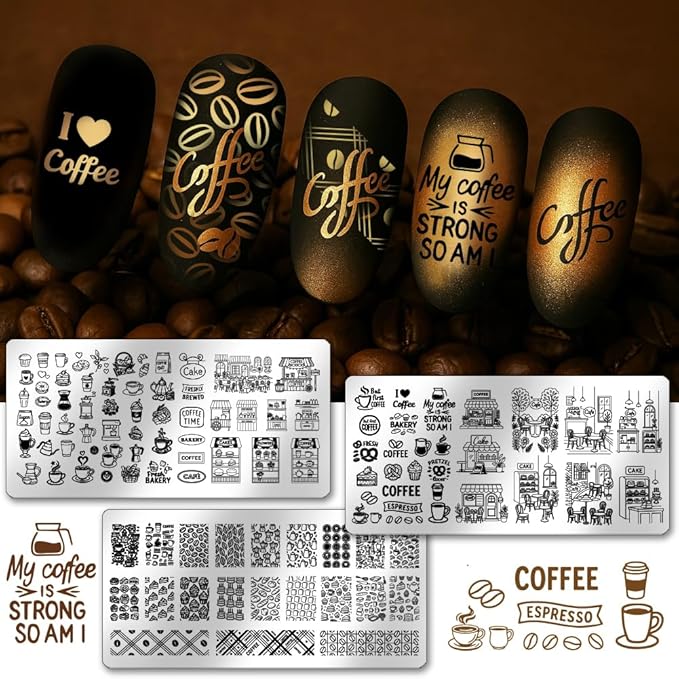 PH PandaHall 3pcs Coffee Theme Nail Stamping Plates Bakery Dessert Nail Art Stencils Coffee Beans Nails Stamper Stainless Steel Nails Image Plates for Women Manicures Salon Print Design Supplies