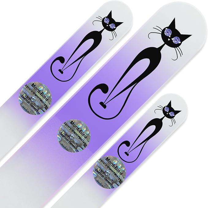 Mont Bleu Set of 3 Cats Crystal Nail Files hand decorated with crystals from Swarovski - Handmade - Czech Tempered Glass - Lifetime Guaranty - Glass Fingernail File - Best Crystal Glass Nail File