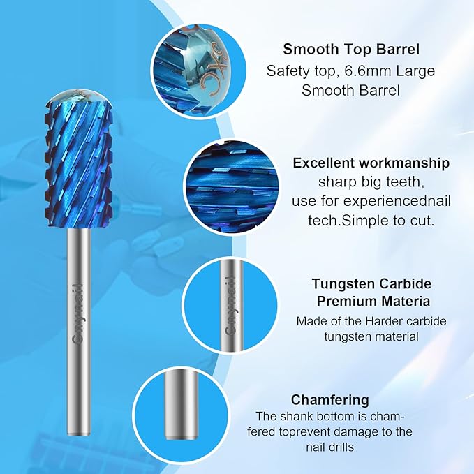 3/32" Large Barrel Smooth Round Top Tungsten Carbide Nail Drill Bit Safety Bit for Gel & Acrylic Removal, 2-Way Rotating Efile Tip, Salon Electric File Accessory (3XC Grit, Blue)