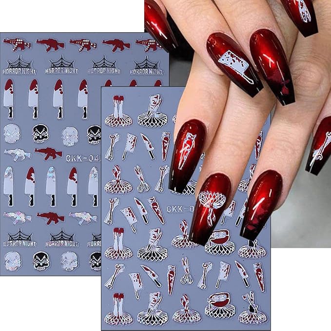 6Pcs Halloween Nail Stickers 3D Horror Skeleton Nail Decals Self Adhesive Snake Ghost Blood Hand Bone Knife Design Goth Nail Art Sticker Laser Skull Spider Nail Supplies for Women DIY Holiday Manicure