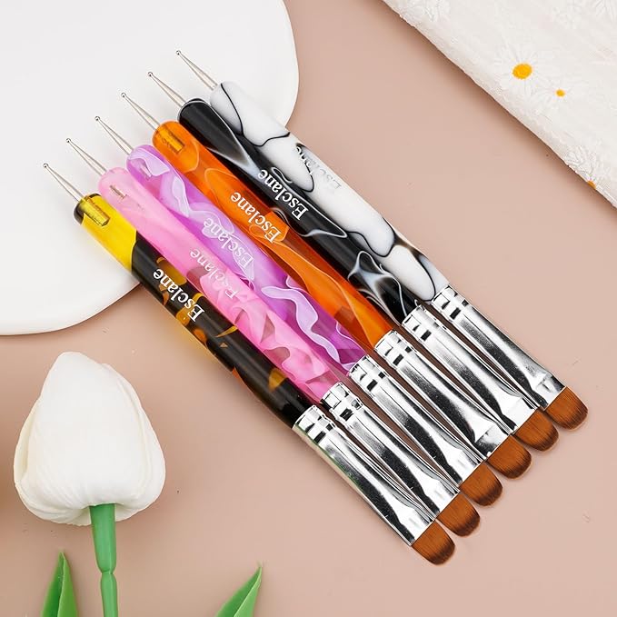 French Manicure Brush, Esclane 2 Way French Nail Brush with Dotting Tool for Manicure Cuticle Clean Up Nail Art Design, French Tip Brush (White, #16)