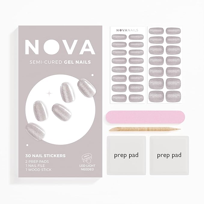 NOVA, Female Founded, Semi Cured Gel Nail Strips (Chinchilla) - The 10 Minute Manicure. Salon-Quality, Works with Any Nail Lamp, Easy to Apply & Remove - Incl. Nail File & Wooden Stick (Chinchilla)