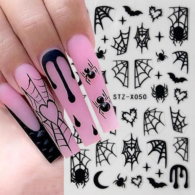 Halloween Spider Nail Stickers - 3D Black Spider Web Designs, Self-Adhesive Star & Bat Decals for Women's DIY Acrylic Nail Art, 6 Sheets