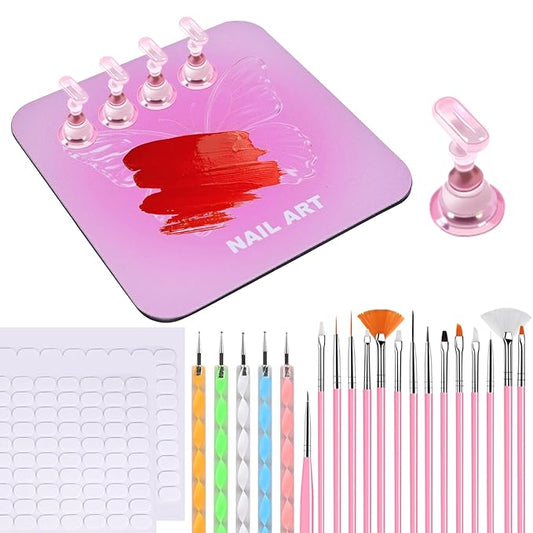 Nail Stand Brush Set, Magnetic Stands with Metal Base Art Palette, Reusable Nail Tips Display Practice Acrylic Holder with 200pcs Sticky Tabs and Tools for Home DIY Salon Supplies-Pink
