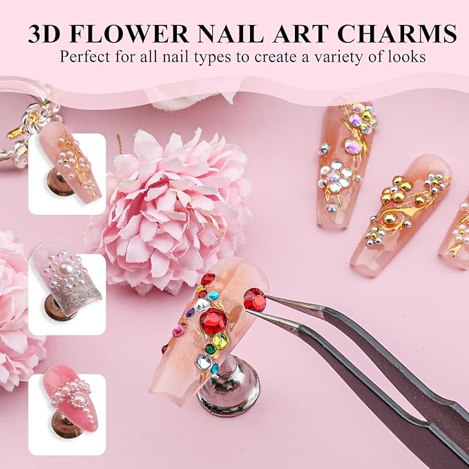 5 Boxes Nail Gems Kit - Flatback Rhinestones and Half Pearls & Nail Beads for Acrylic Nails, Colorful Rhinestones Crystal AB Clear Gemstones Silver/Gold Caviar Beads with Pickup Tools (23-S4-Beads)