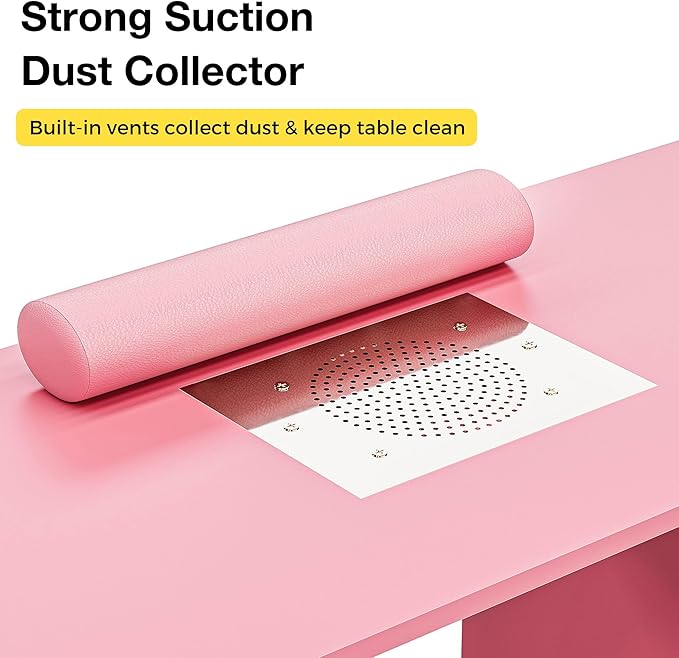 Manicure Table Nail Station w/Dust Collector - L-Shaped Nail Tech Table with Shelves, Storage Cabinets, Drawers, Metal Handles & Legs, Salon Wrist Rest, Beauty Salon Workstation Decor (Pink)