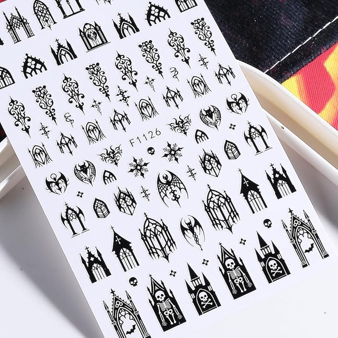 Halloween Nail Art Stickers Decals 3D Gothic Nail Stickers 6PCS Black Skulls Bat Gothic Architecture Design Self-Adhesive Nail Decals Y2K Manicure Accessories for Women Holiday Nail Art Decorations