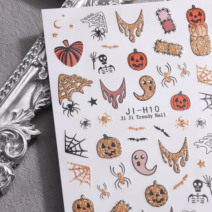 Halloween Nail Stickers for Nail Art, 3D Self-Adhesive Halloween Nail Decals Nail Art Supplies 6PCS Glitter Pumpkin Spider Web French Tip Cute Design Holiday Sticker for Women DIY Manicure Decorations