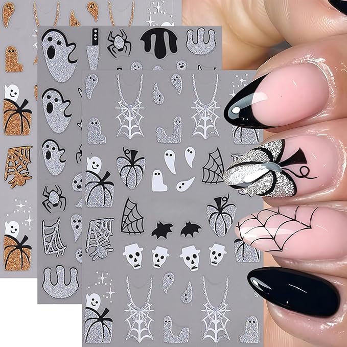 6 Sheets Halloween Nail Art Stickers Gold Glitter Pumpkin Nail Decals 3D Self Adhesive Ghost Spider Web Skull Bats Nail Design Nail Stickers Manicure Accessories for Women DIY Manicure Decoration