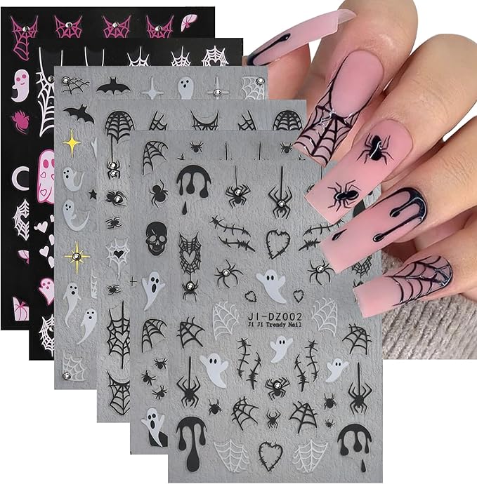 Halloween Nail Stickers for Nail Art Kit - 6Sheets Cute Ghost Nail Decals 3D Self-Adhesive Horror Skull Spider Web Bat Pumpkin Star Moon Designs DIY Nail Art Tips Nail Supplies for Halloween Party