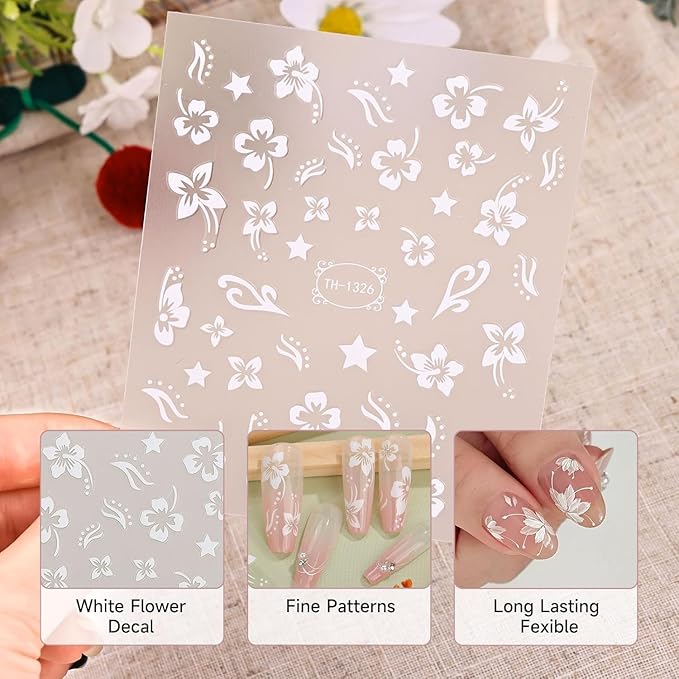 White Flower Nail Stickers for Nail Art, Spring Nail Stickers Decals Self Adhesive Floral Nails Sticker for Women Nails Art Sticker Decoration