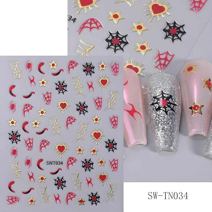 Halloween Nail Art Stickers, Glitter Spider Web Nail Art Decals 3D Self-Adhesive Black Gold Silver Heart Star Moon Nail Design 5Pcs Halloween Nail Art Supplies for Women Nail Decoration
