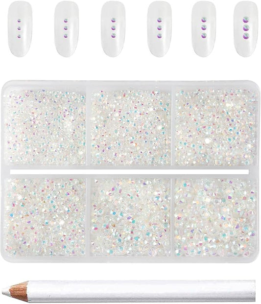Beadsland 7200pcs Flatback Rhinestones,Transparent Rhinestone Nail Gems Round Crystal Rhinestones for Crafts,Mixed 6 Sizes with Wax Pencil Kit, SS3-SS10,Transparent AB