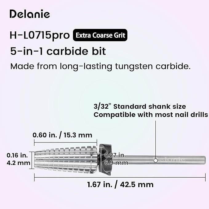 Delanie 5-in-1 Carbide Nail Drill Bit for Professional Nail Tech, 3/32", Extra Coarse Grit