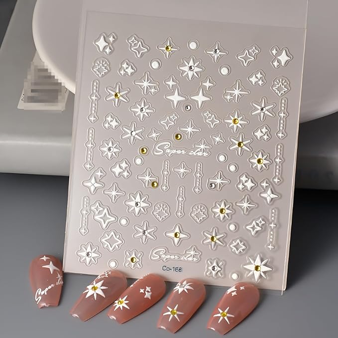 Star Nail Stickers for Nail Art 5D Self-Adhesive Nail Decals White Star Nail Stickers with Rhinestones Design White Nails Supplies Decoration Accessories for Women and Girls