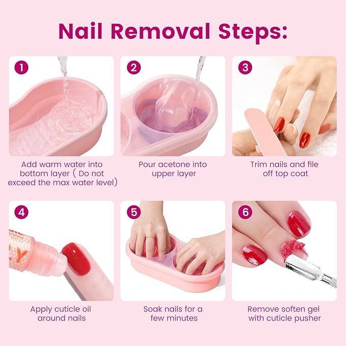 Quaferen Dual Nail Soaking Bowl: 2-in-1 Nail Polish Remover Manicure Bowl Acetone Proof for Women, Time-Saving Soak Off Acrylic Nail Removal Kit for Salon Home (Normal Size, Pink)