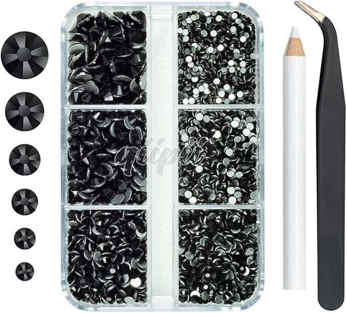 2550pcs Jet Black Nail Art Flatback Rhinestones for Face Makeup Pure Black Nail Gems Gemstones K9 Glass SS4~SS20 6 Sizes Dark Black Diamonds Stones w Tweezer & Picking Pen for Nails DIY Crafts