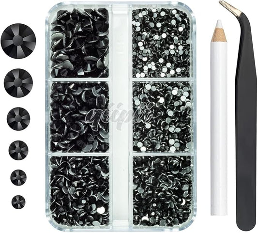 2550pcs Jet Black Nail Art Flatback Rhinestones for Face Makeup Pure Black Nail Gems Gemstones K9 Glass SS4~SS20 6 Sizes Dark Black Diamonds Stones w Tweezer & Picking Pen for Nails DIY Crafts