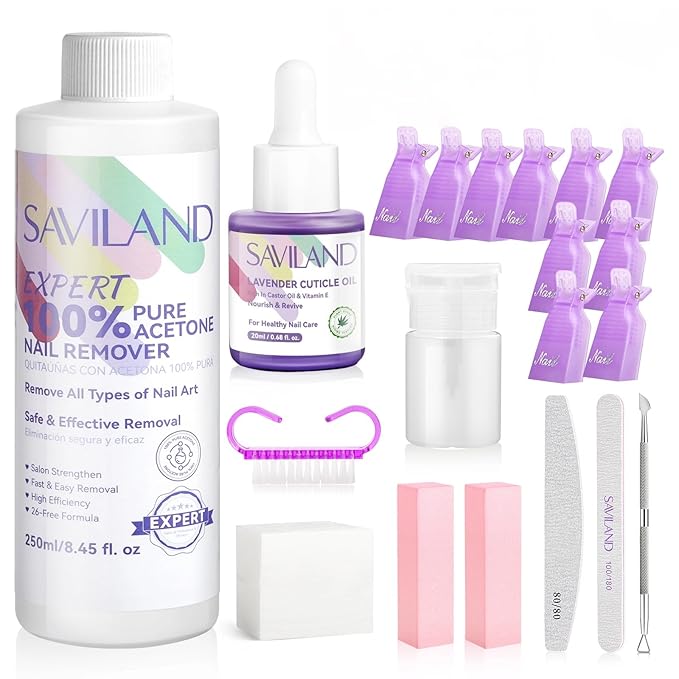 SAVILAND Pure Acetone Nail Polish Remover Kit: Gel Polish Remover with Professional Nail Polish Removal Tools Safe Gel Remover for Nails Fast & Easy Removal with Cuticle Oil Salon Home DIY 250 ML