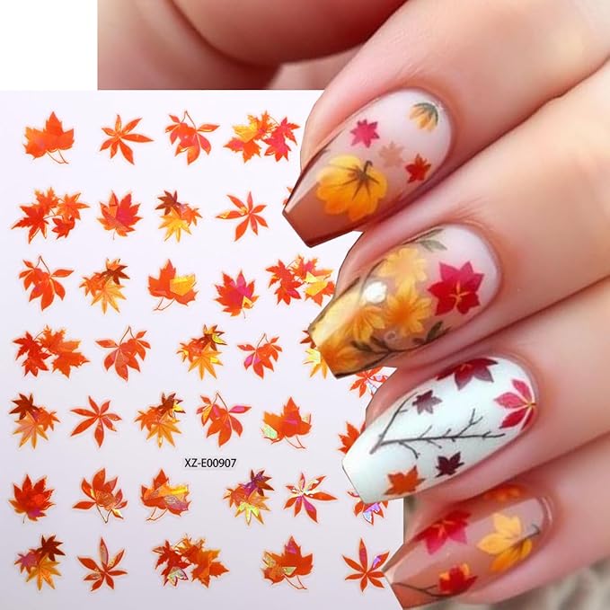 Autumn Nail Art Stickers Maple Leaf Nail Decals Fall Leaves Nail Stickers for Nails Art Mixed Leaf Red Yellow Orange Nut Wheat Design Thanksgiving Nail Sticker for Women DIY Manicure Decor 12 Sheets