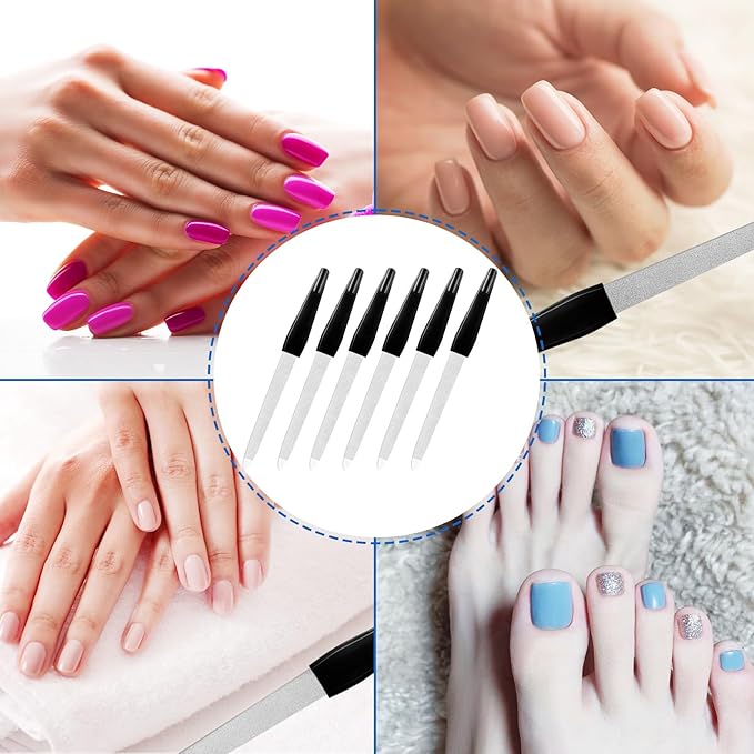 Fingernail Files (6 Pack), Metal Nail Files for Natural Nails Stainless Steel 6 Inch Nail File with Sharp Pointed Tip Non Slip Handle, Finger Nail Filers for Women Sapphire Grit Sword Diamond Black