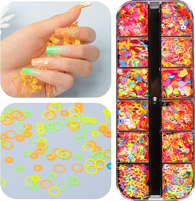 Fluorescent Glitter Nail Art Sequins, Holographic 3D Glitters Flakes Design, Love Heart Butterfly Flowers Letters Stars Circle Supplies for Women Manicure Charms Decorations DIY Resin Nail Art Tips