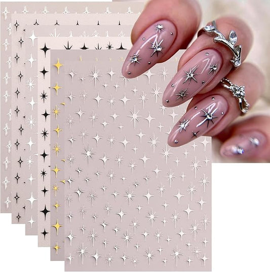 6Pcs Star Nail Sticker for Nail Art 3D Self-Adhesive Nail Decals French Cross Starlight Black White Gold Silver Design Pegatinas Uñas Slider Decal DIY Nail Tips Manicure Decor Supplies for Women