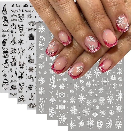 8Sheets Snowflake Nail Art Stickers 3D Xmas Nail Decals White Glitter Snow Nail Design Cartoon Elk Snowflake Snowman Bell Reindeer Sticker Foil Manicure Winter New Year Christmas Nail Decoration