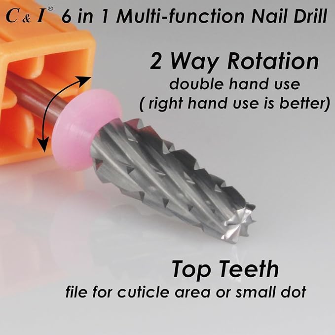 C & I Nail Drill Bit 6 in 1 Multi-function Rounded End E File, Tungsten Steel CNC Overall Cutting, Manicure Tool for Nail Tech Quick Remove Nail Gels, Acrylic Nails (Original, Triple Coarse -3XC)