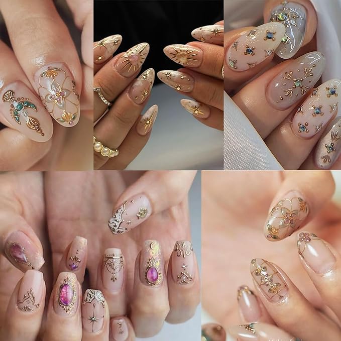 2 Sheets Bohemian Style Nail Decals Embossed Star Nail Art Stickers 5D Self-Adhesive Sun Moon Nail Stickers Bohemia Nail Designs Decals Stars Nail Decoration for Women Girls Nail Art Supplies