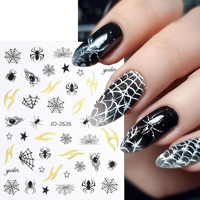 Spider Nail Art Stickers 3D Self-Adhesive Black White Red Silver Spiders Spider Web Star Nail Design Decals Halloween Nail Stickers DIY Holiday Manicure Decoration for Salon Acrylic Manicure 6 Sheets