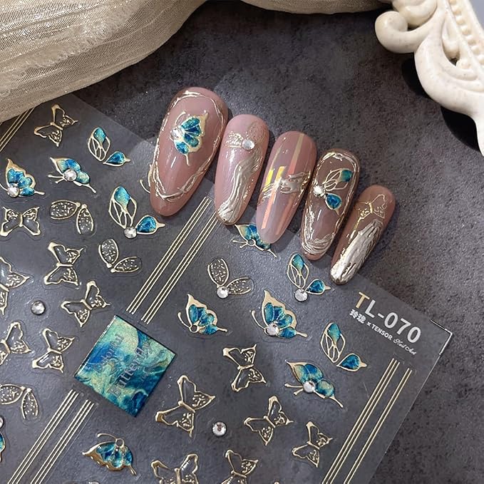5D Embossed Butterfly Nail Stickers - Green Butterfly Gold Edge Design Shiny Nail Art Decals - Self Adhesive for Women's Manicure