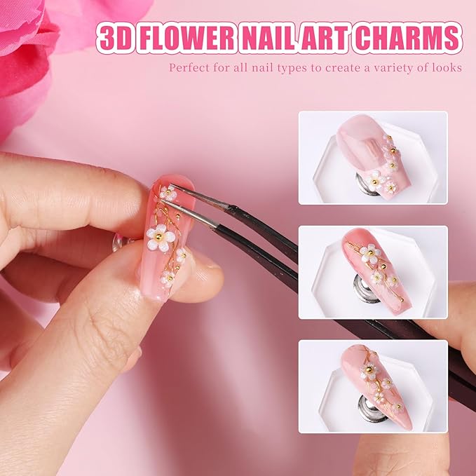 3D Flower Nail Charms and Gems with Nail Beads & Butterfly - Rose/White/Pink Flowers + Gold/Silver Caviar Beads + White Rhinestones Half Pearls + Metal Gold Butterfly for DIY Nails (3-S1-Glitter)