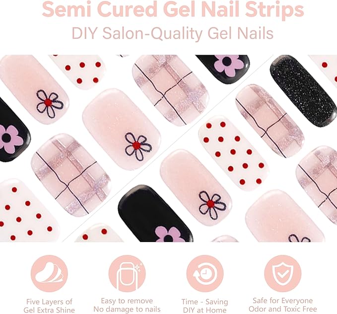 Semi Cured Gel Nail Strips-Variety Press on Nails Set Floral Print, Polka Dot & Minimalist Design, Short Almond Semi Gel Nails, French Manicure Alternative(Floral Fantasy）