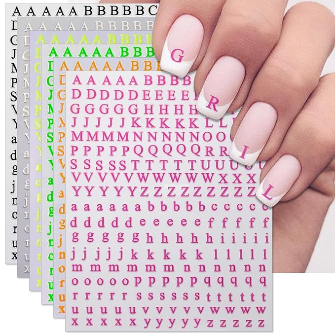Letter Nail Art Stickers - 3D English Alphabet Nail Decals for DIY Part of Fluorescence Acrylic Manicure Holographic Nail Decorations(6 Sheets)